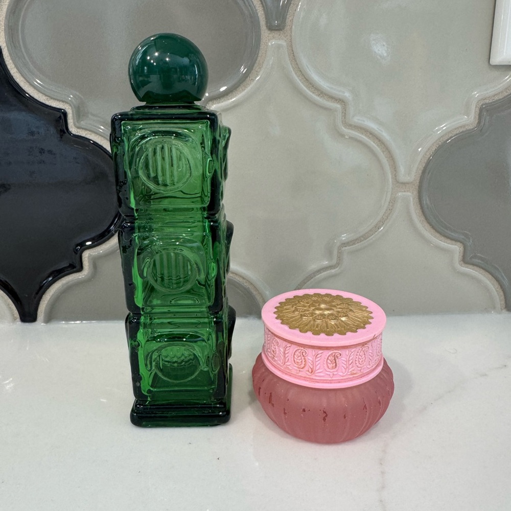 Avon Bottle Lot – Green Glass Column + Pink Cream Jar (Empty)